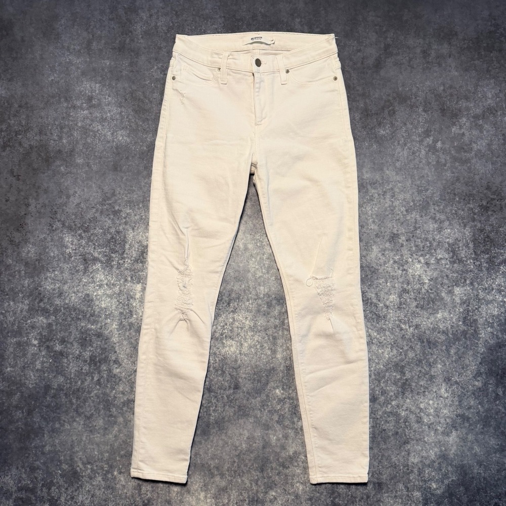 Hudson Nico Super Skinny Jeans Women 28 Distressed Ripped Cream White Ankle Crop